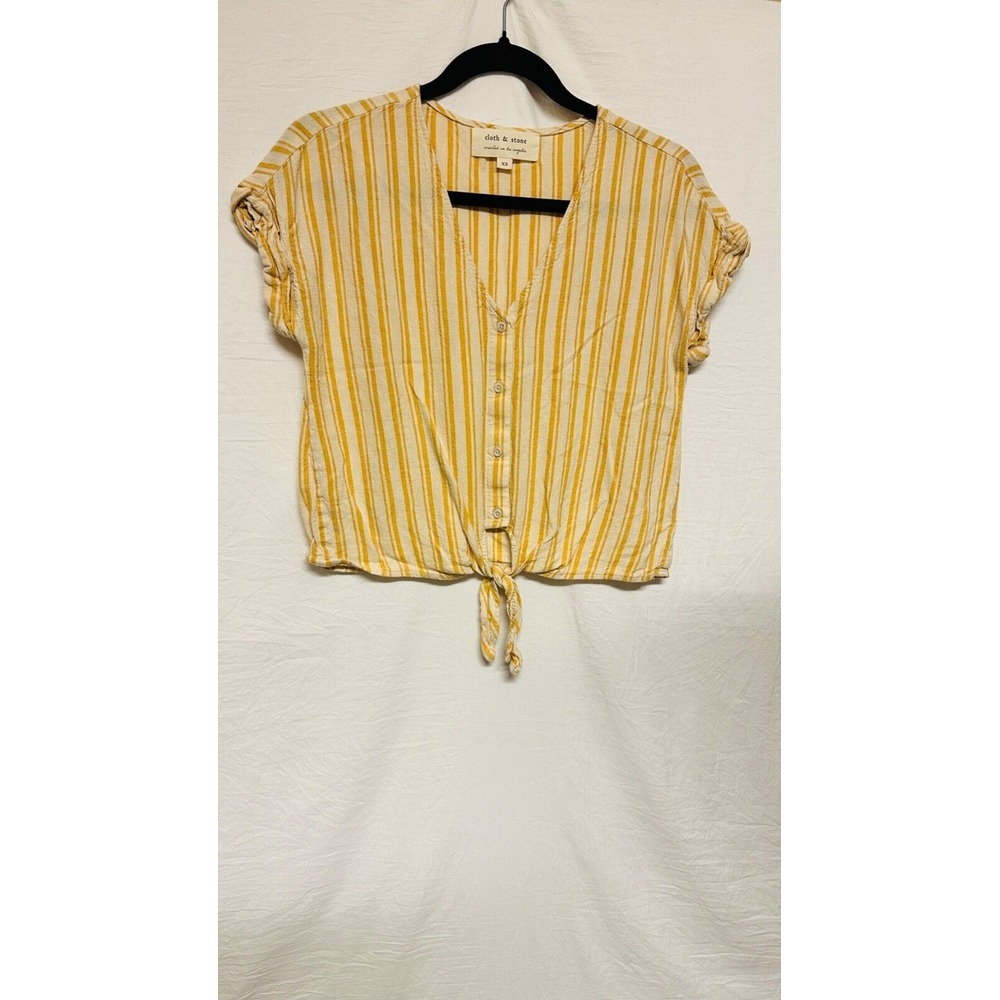 Cloth & Stone Linen Top Size XS‎ Striped Yellow V-neck Tie Waist Short Sleeves